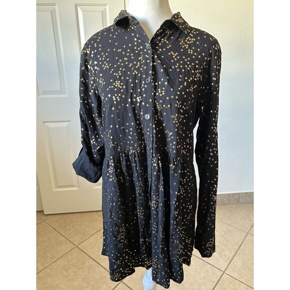 Solitaire Anthropology Black Stars Gold Roll Tab Long Sleeve Size Medium Button - Picture 7 of 16